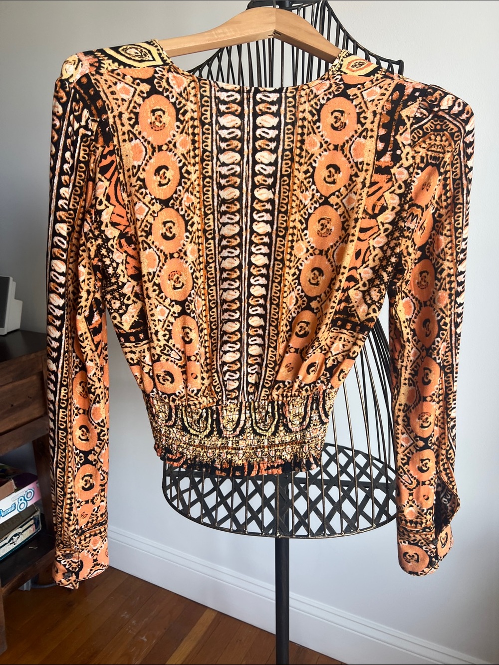 Free People Orange and Gold Paisley V-Neck Long Sleeve Crop Top - Picture 5 of 13